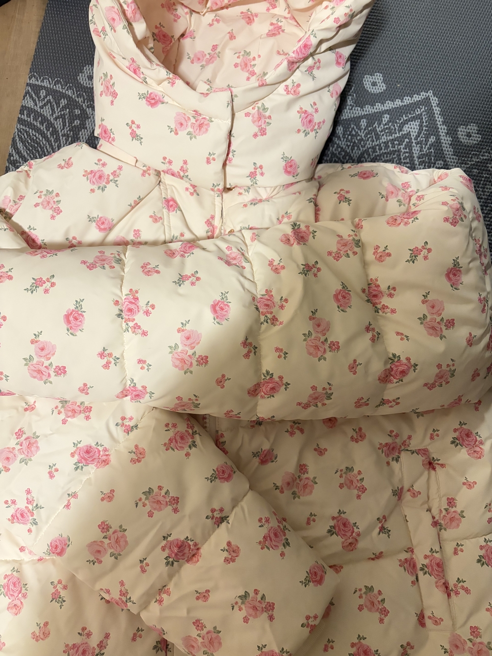 Altar'd State Cream Puffer Jacket with Pink Rose Print